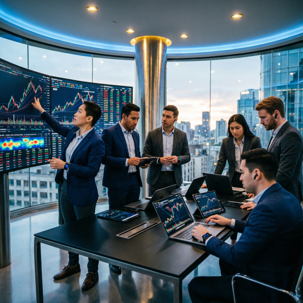 Professional prop firm traders team managing funded accounts