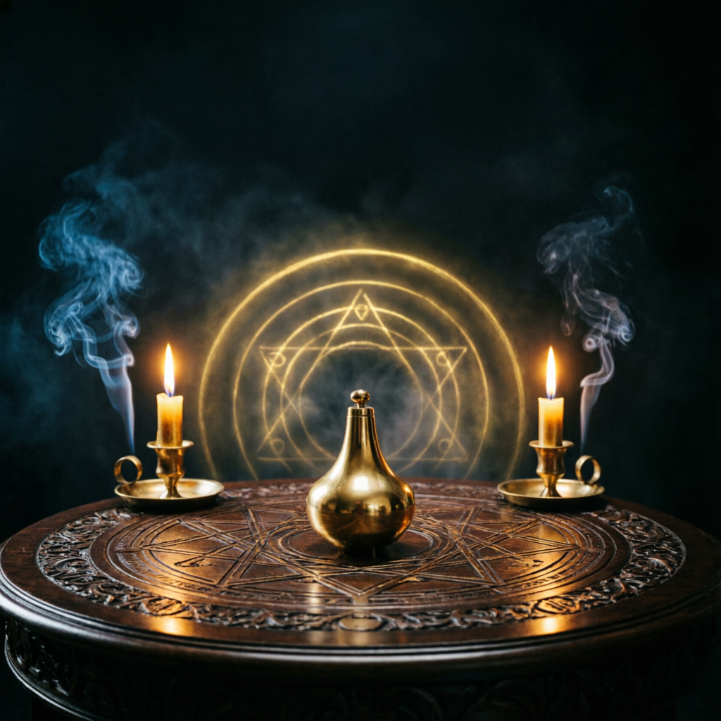 Mesa Radionica con péndulo de latón, velas y geometría sagrada dorada