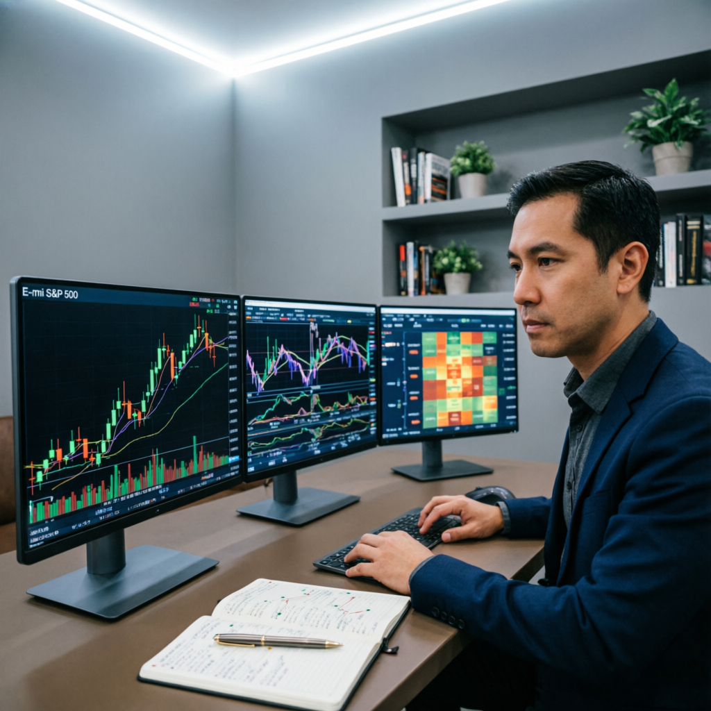 Professional Trader Using Multiple Monitors for Futures Analysis