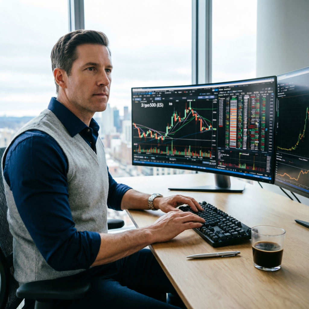 Professional Futures Trader at Multi-Monitor Trading Setup