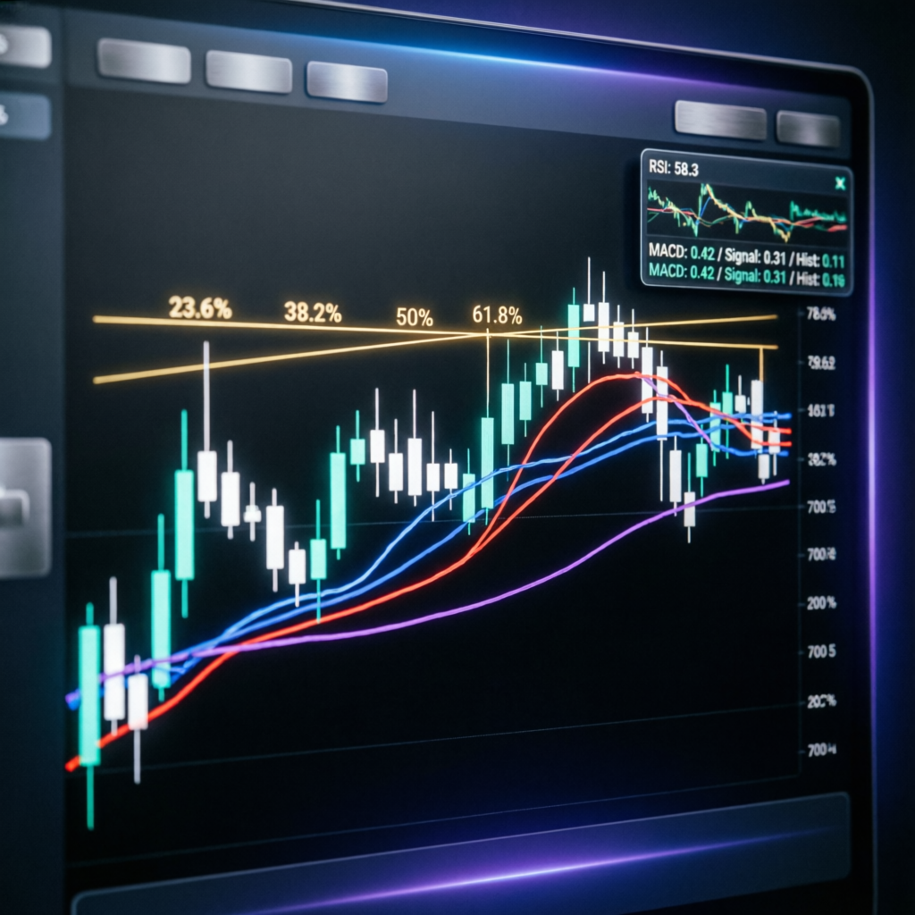 Professional forex trading strategy with technical analysis indicators and fibonacci levels
