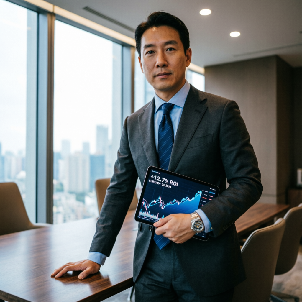Professional account manager holding tablet showing forex trading profits and ROI metrics