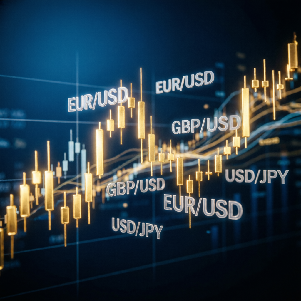 Professional forex trading charts with EUR/USD and GBP/USD currency pairs showing candlestick patterns