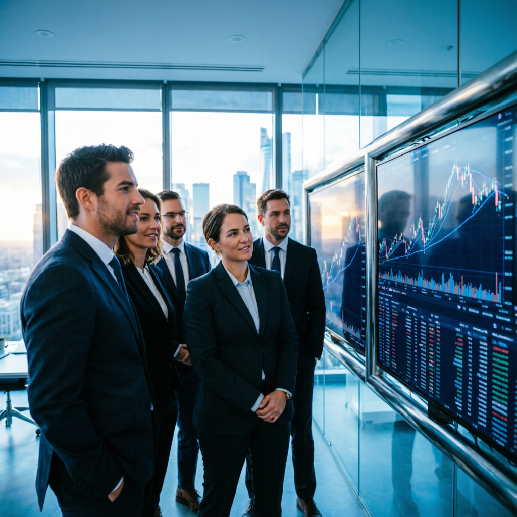 Professional team of financial analysts reviewing trading data and prop firm challenge strategies