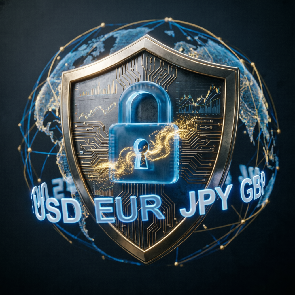 Security shield protecting forex trading accounts with USD EUR JPY GBP currency symbols