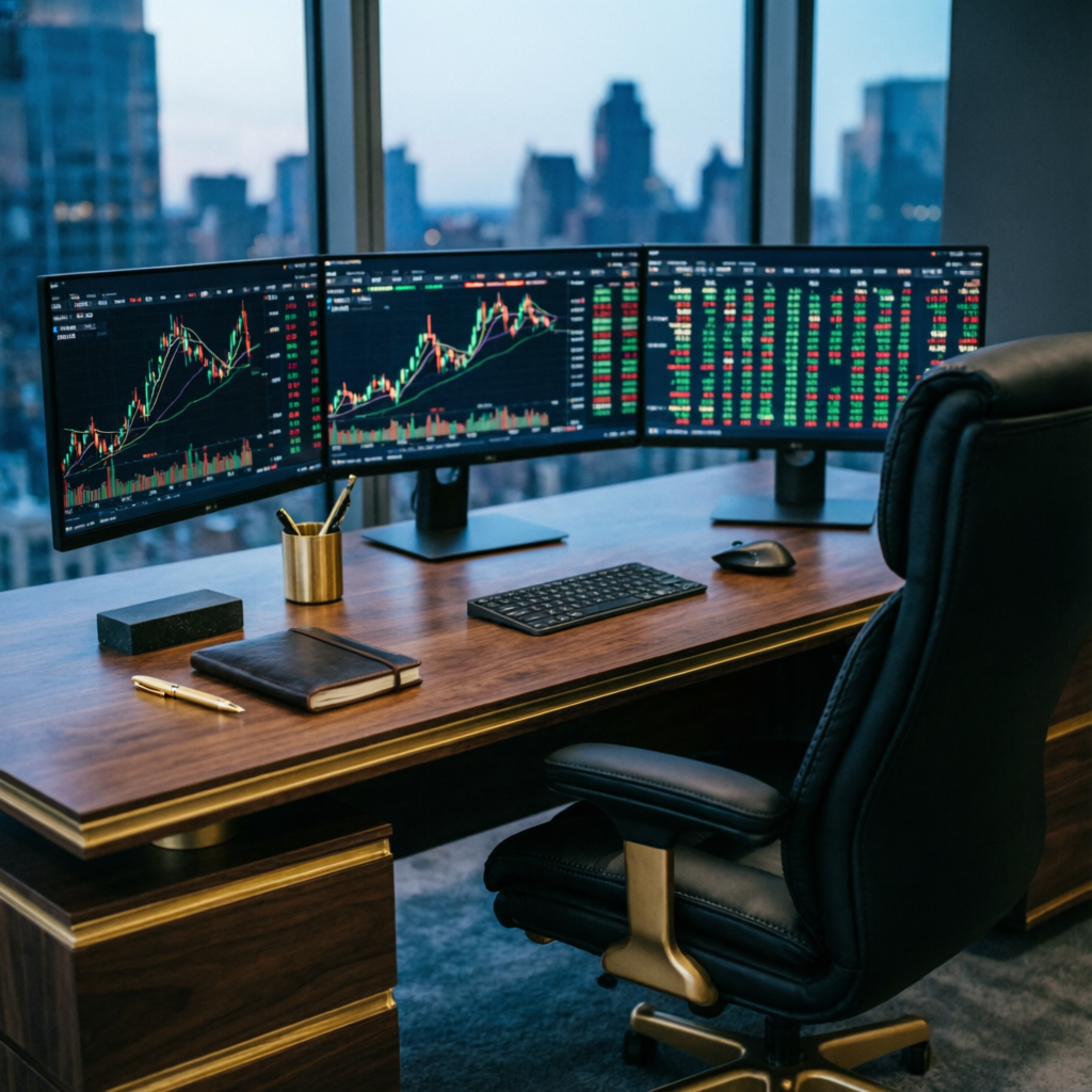 Luxury premium trading office with multiple monitors showing forex charts and trading data
