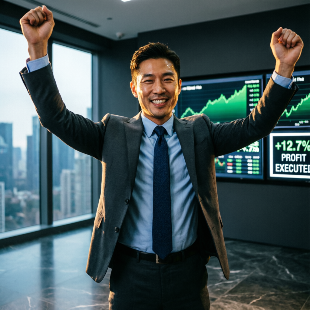 Professional trader celebrating success with profit screens showing successful funded account results