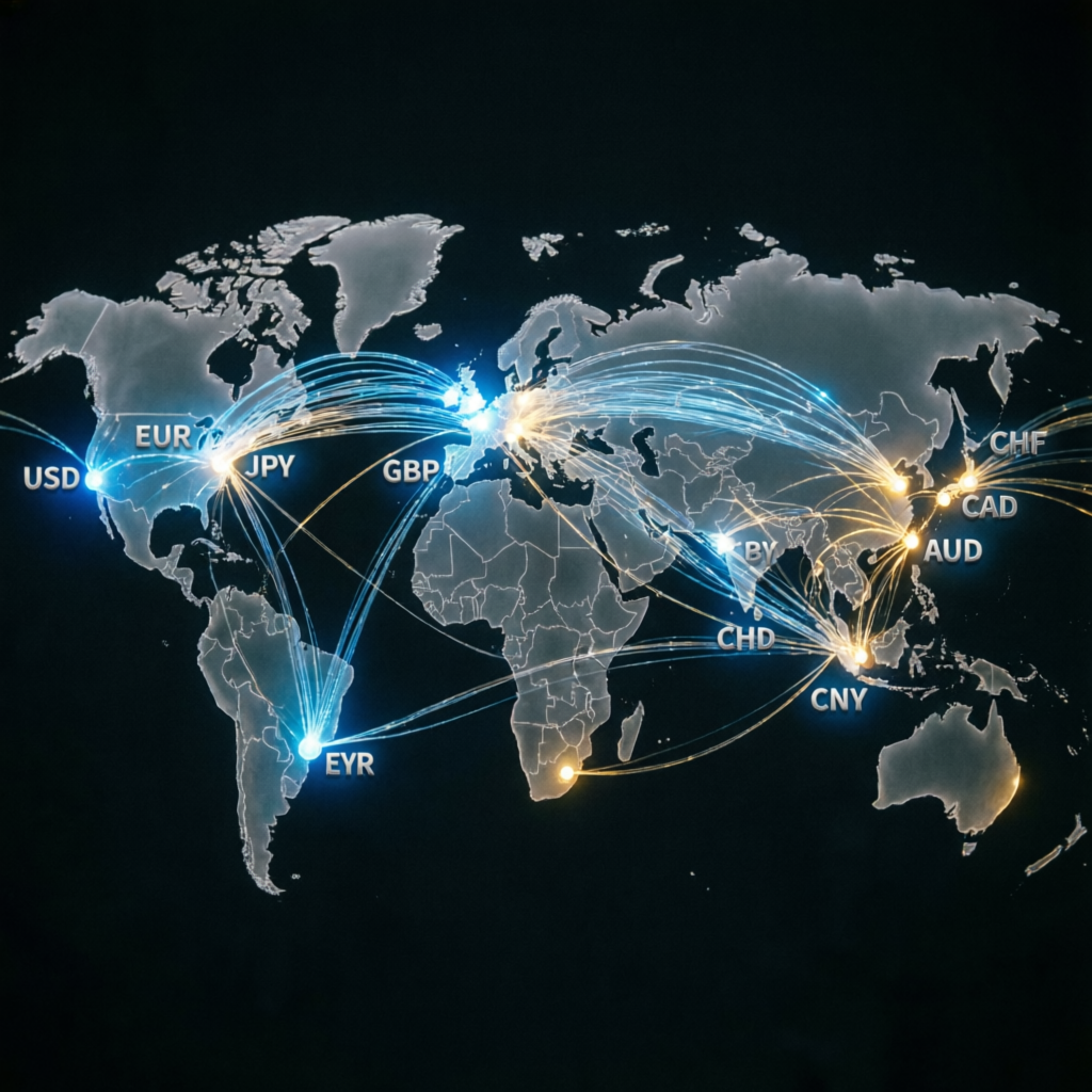 Global forex market network showing international currency trading connections worldwide