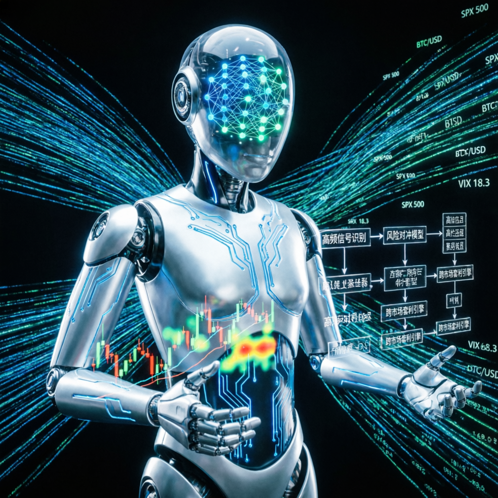 AI trading robot with neural network visualization representing algorithmic prop firm trading technology