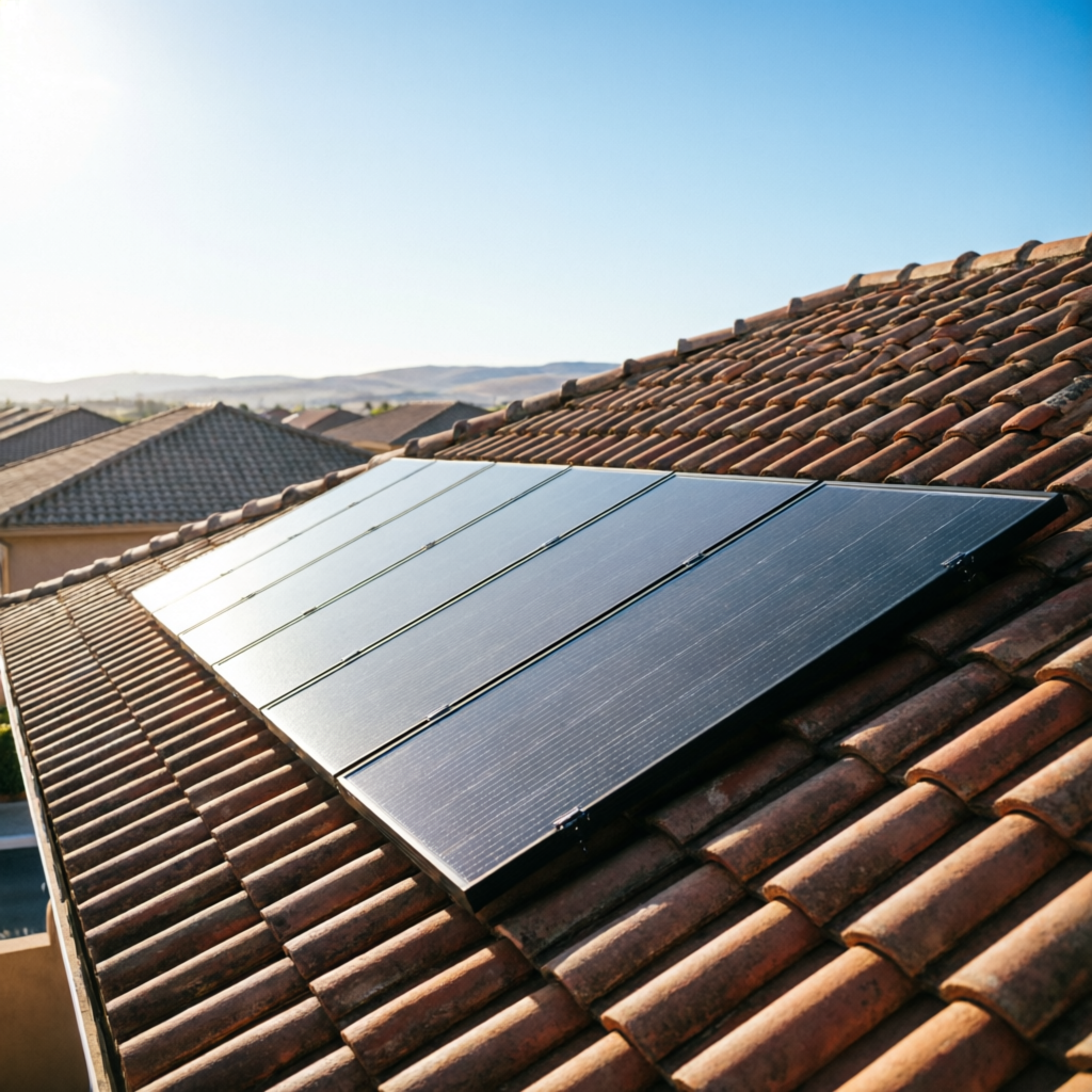 Cubierta de teja con una fila de paneles solares integrados entre las tejas.