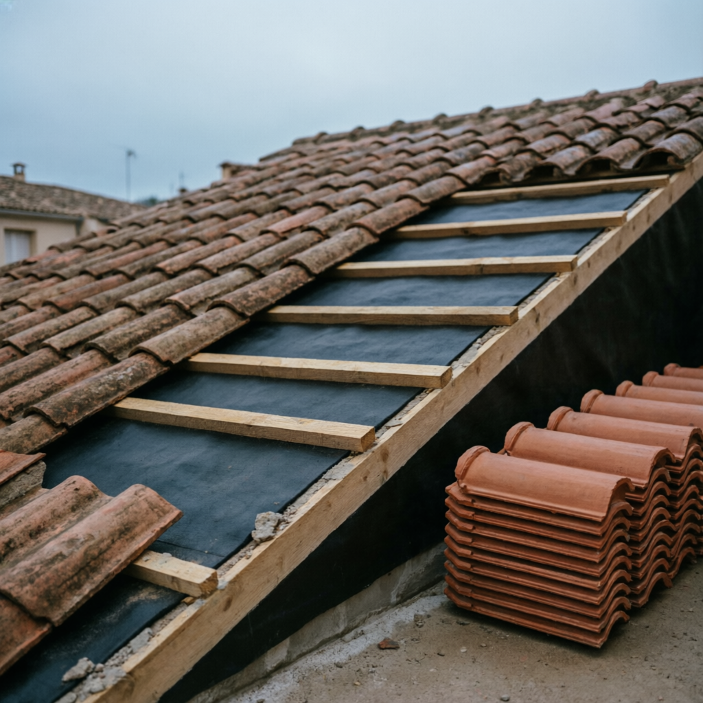 Faldón de teja en renovación con una zona descubierta que muestra rastrel y lámina bajo teja.