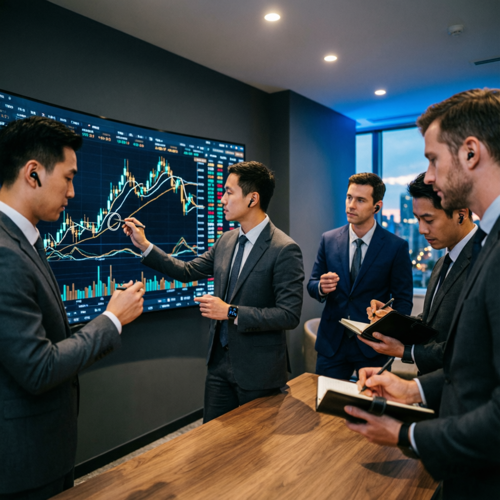 Professional forex trading team analyzing charts together