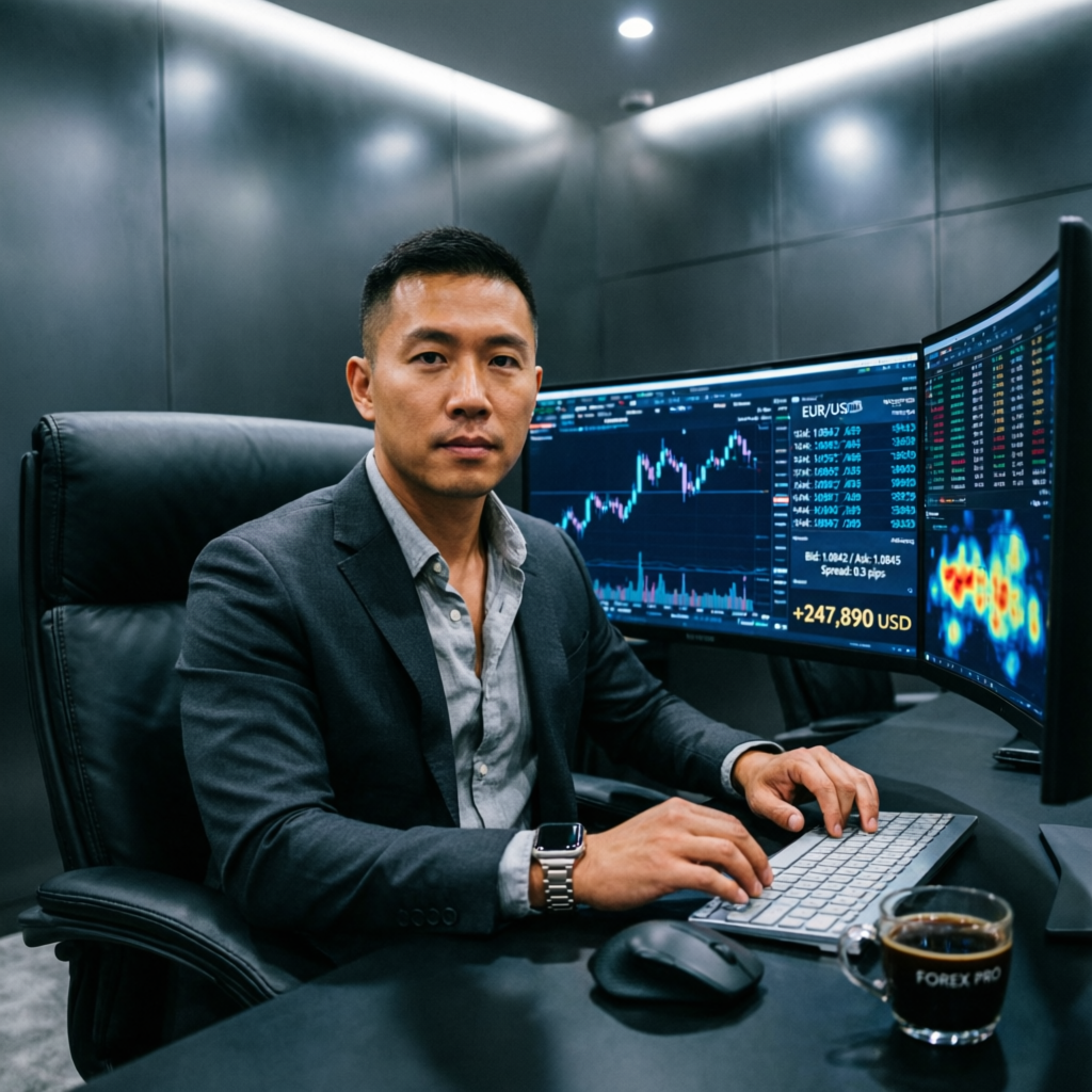Professional forex trader with multiple monitors showing live charts