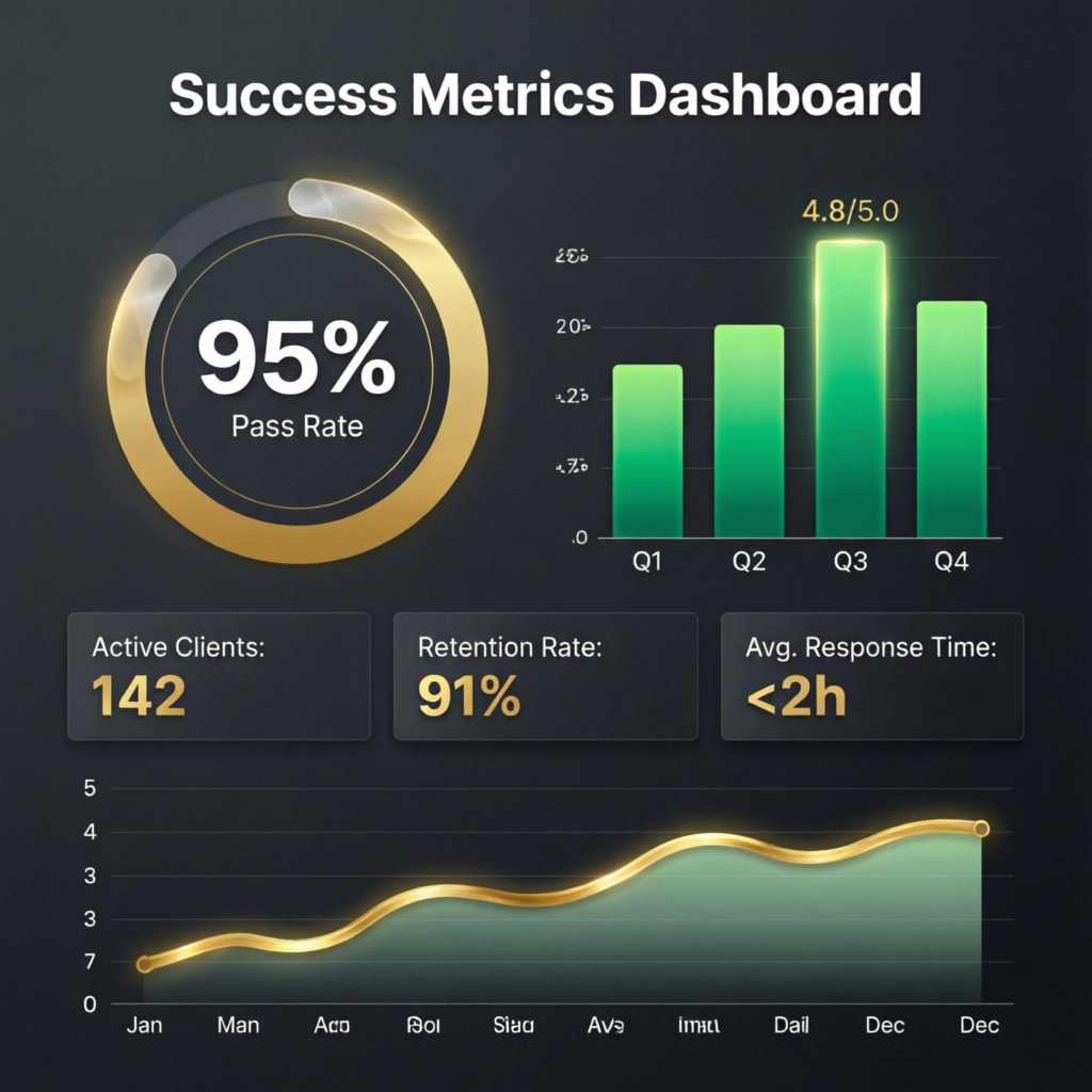 Success metrics dashboard showing 95% pass rate and client satisfaction