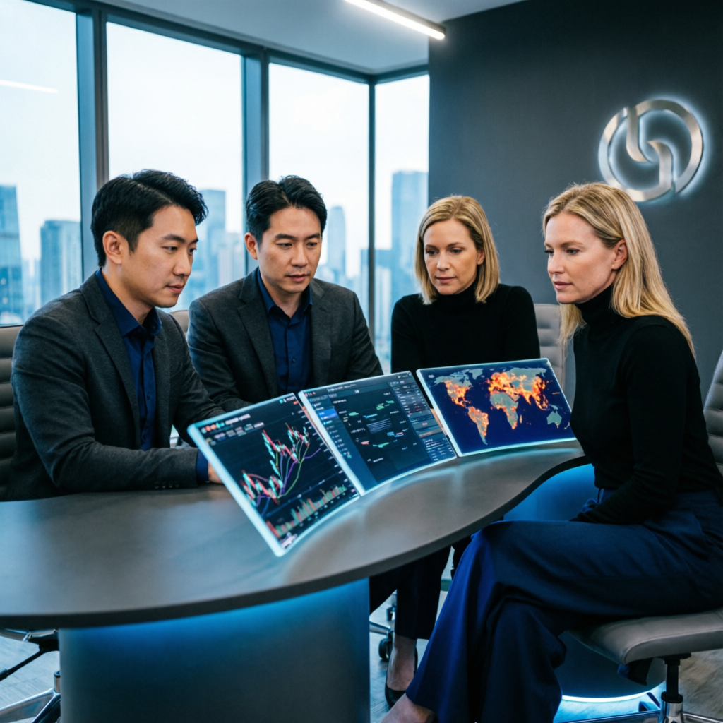 Professional team of traders and AI experts analyzing trading data in modern office