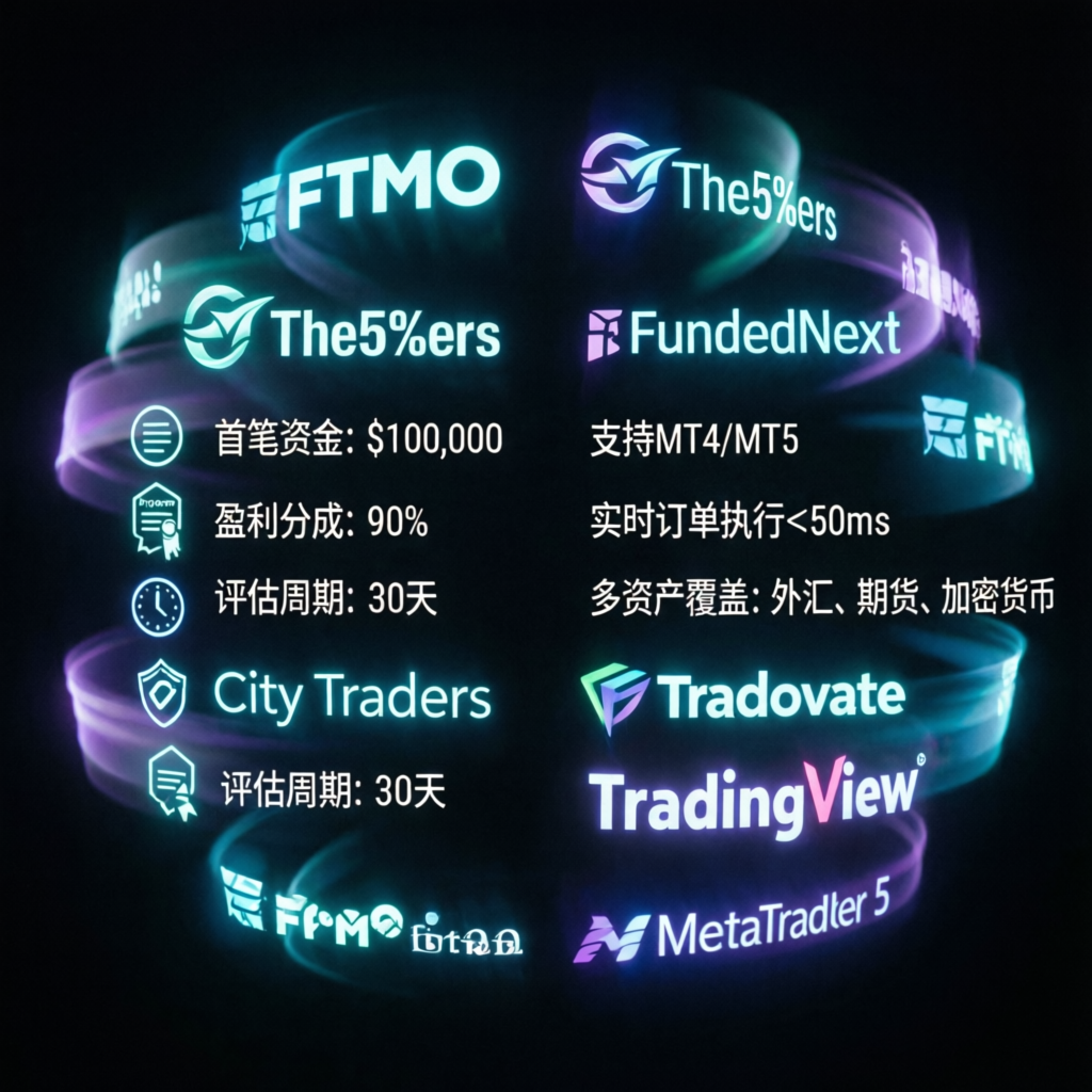 Multiple prop firm logos and trading platforms displayed on futuristic holographic interface