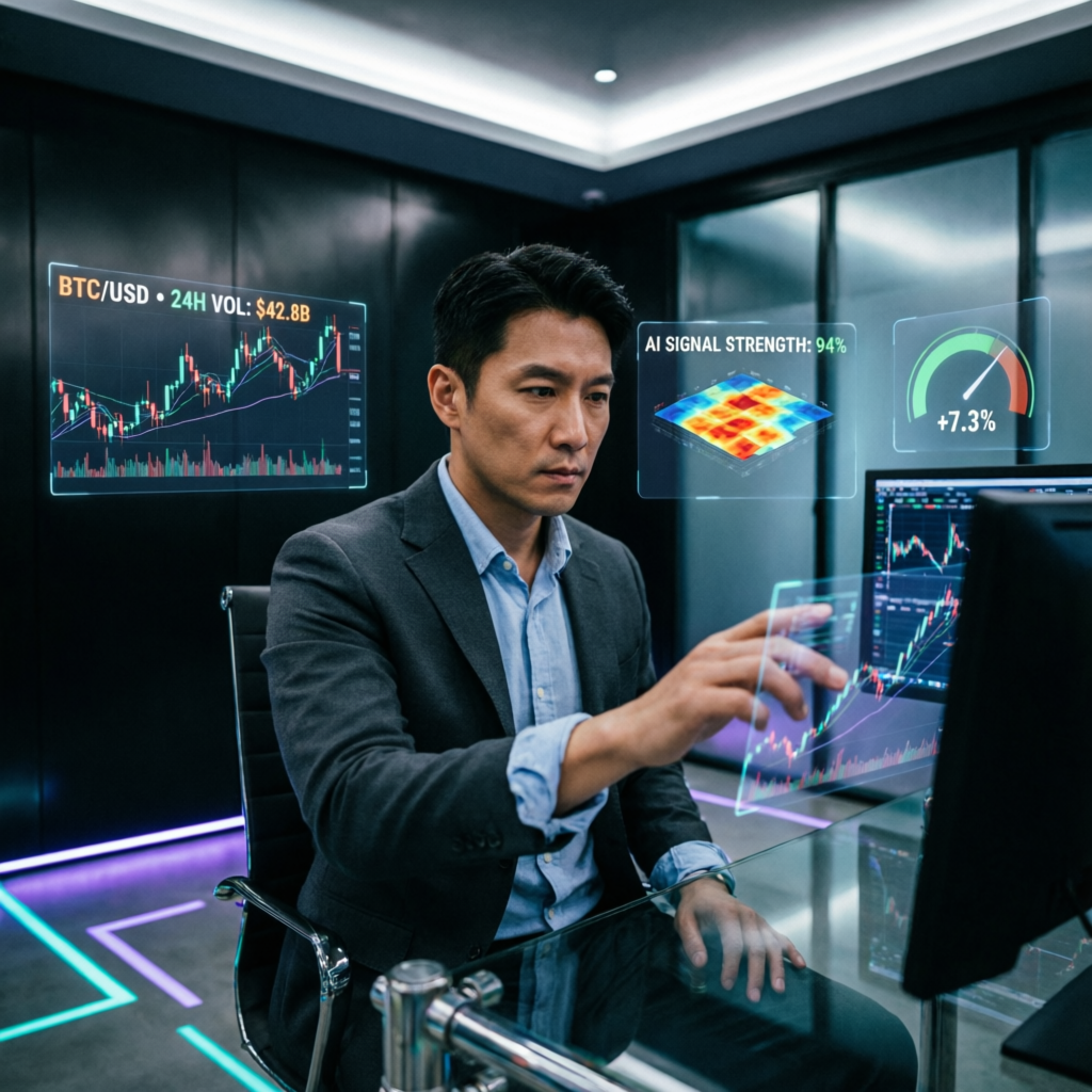 Professional trader analyzing AI-powered trading signals on multiple screens in modern prop trading office