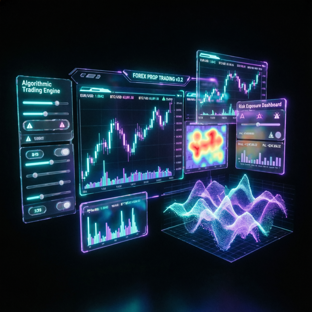 AI-powered prop trading dashboard with holographic charts and neon gradients