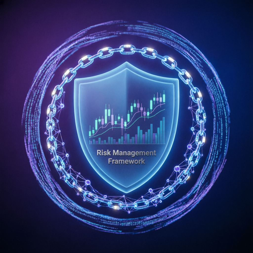 Risk management framework visualization with shield protecting trading charts