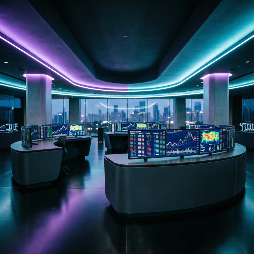 Professional futures trading floor with advanced technology and multiple screens