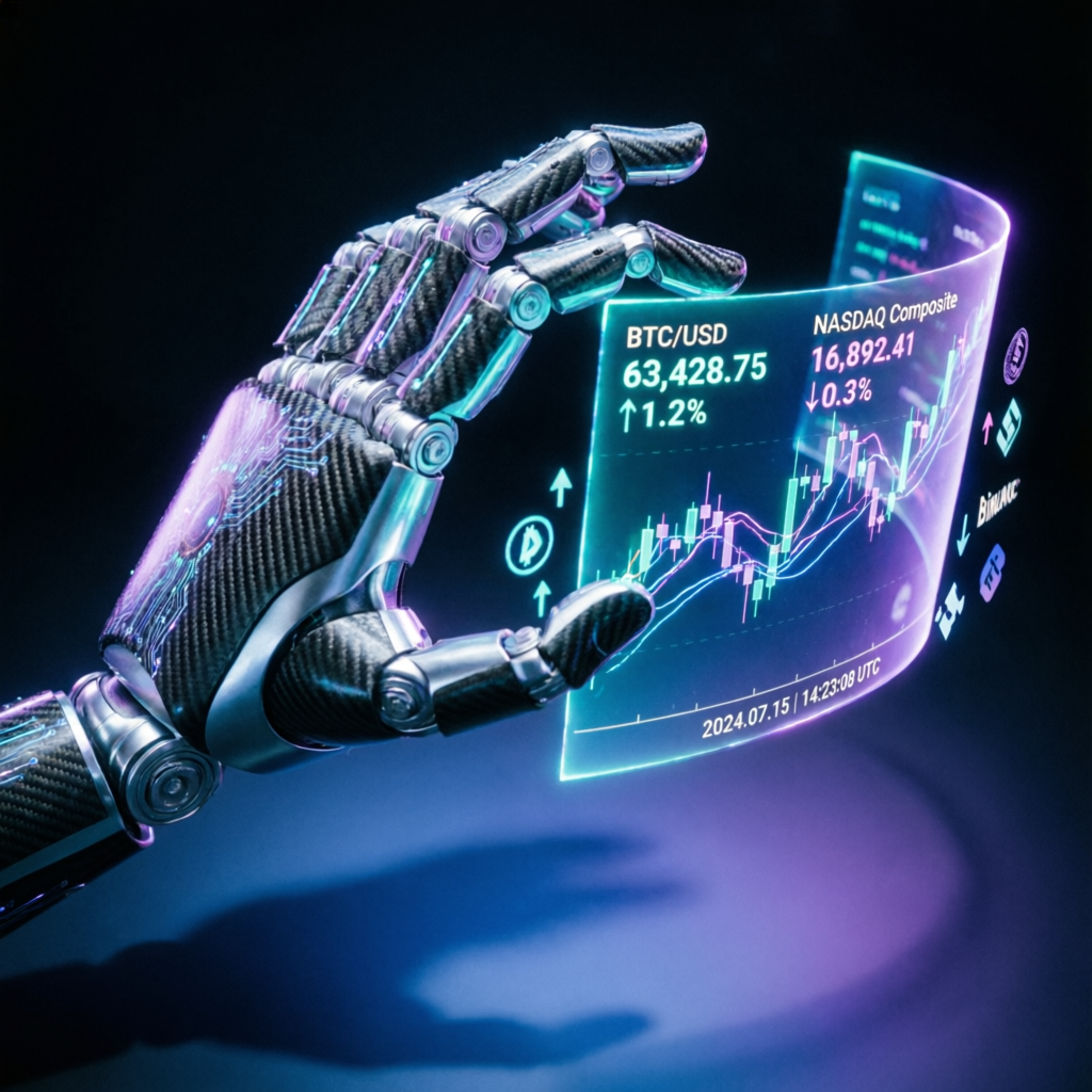 AI robot hand interacting with holographic trading interface showing futuristic financial technology
