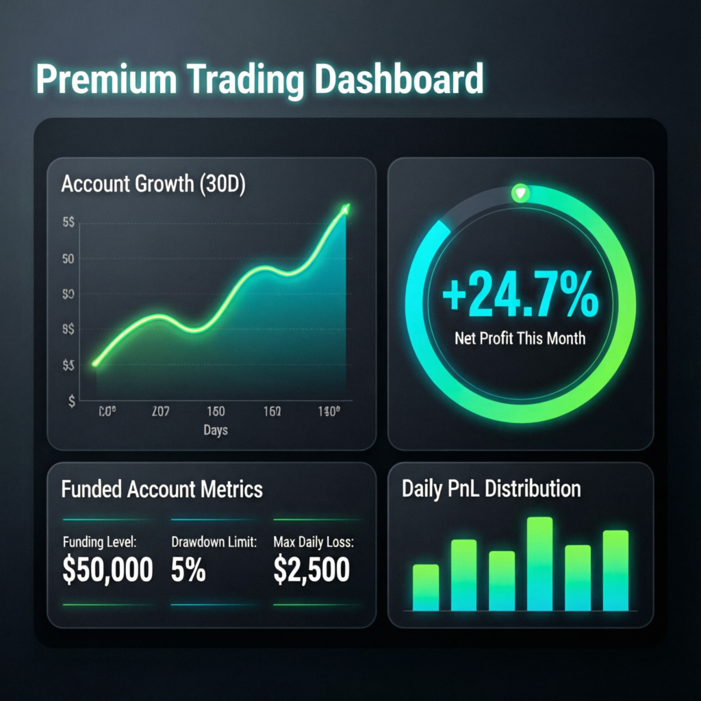 Premium trading dashboard showing account growth, profit statistics, and funded account metrics