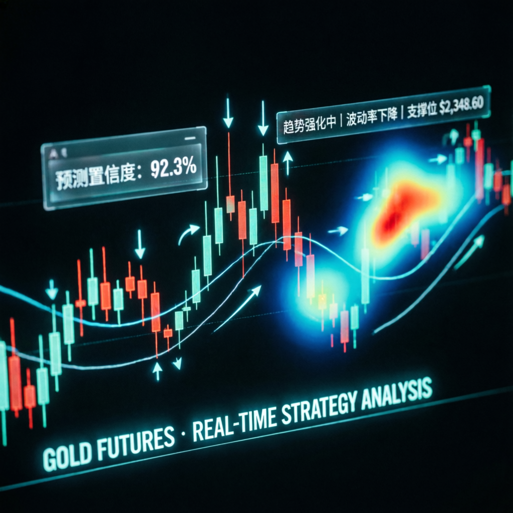 Gold futures trading visualization with AI analysis overlays and candlestick patterns