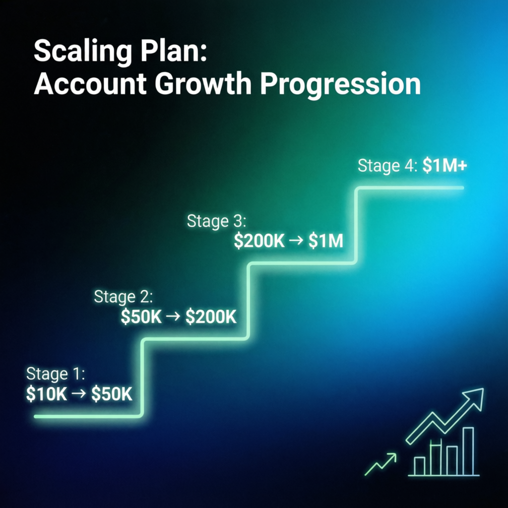 Scaling plan visualization showing account growth progression from $10K to $1M+
