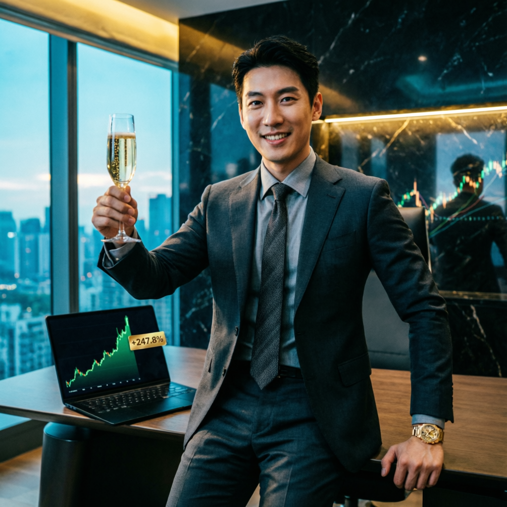 Successful trader celebrating profit achievement in luxury office with trading charts