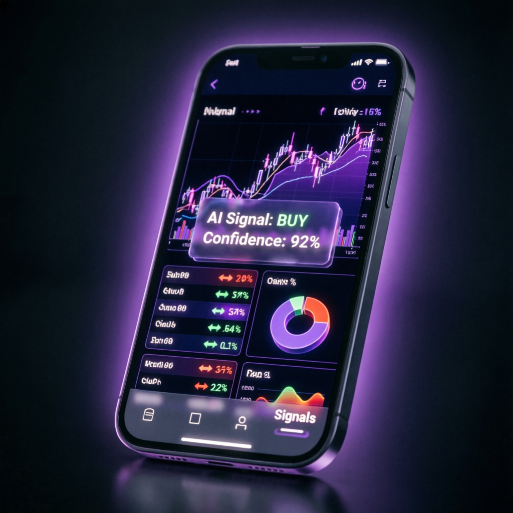 Mobile trading app interface with AI signals on smartphone showing modern fintech design