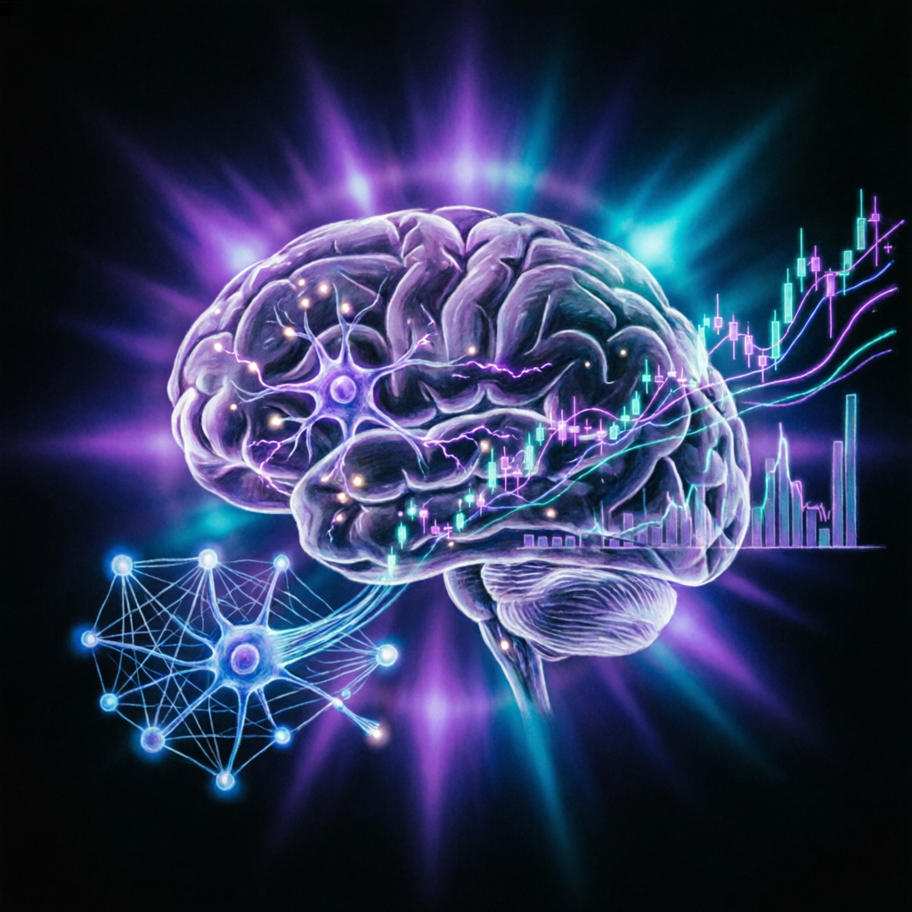 Trading psychology concept with brain visualization and trading charts showing mind and markets