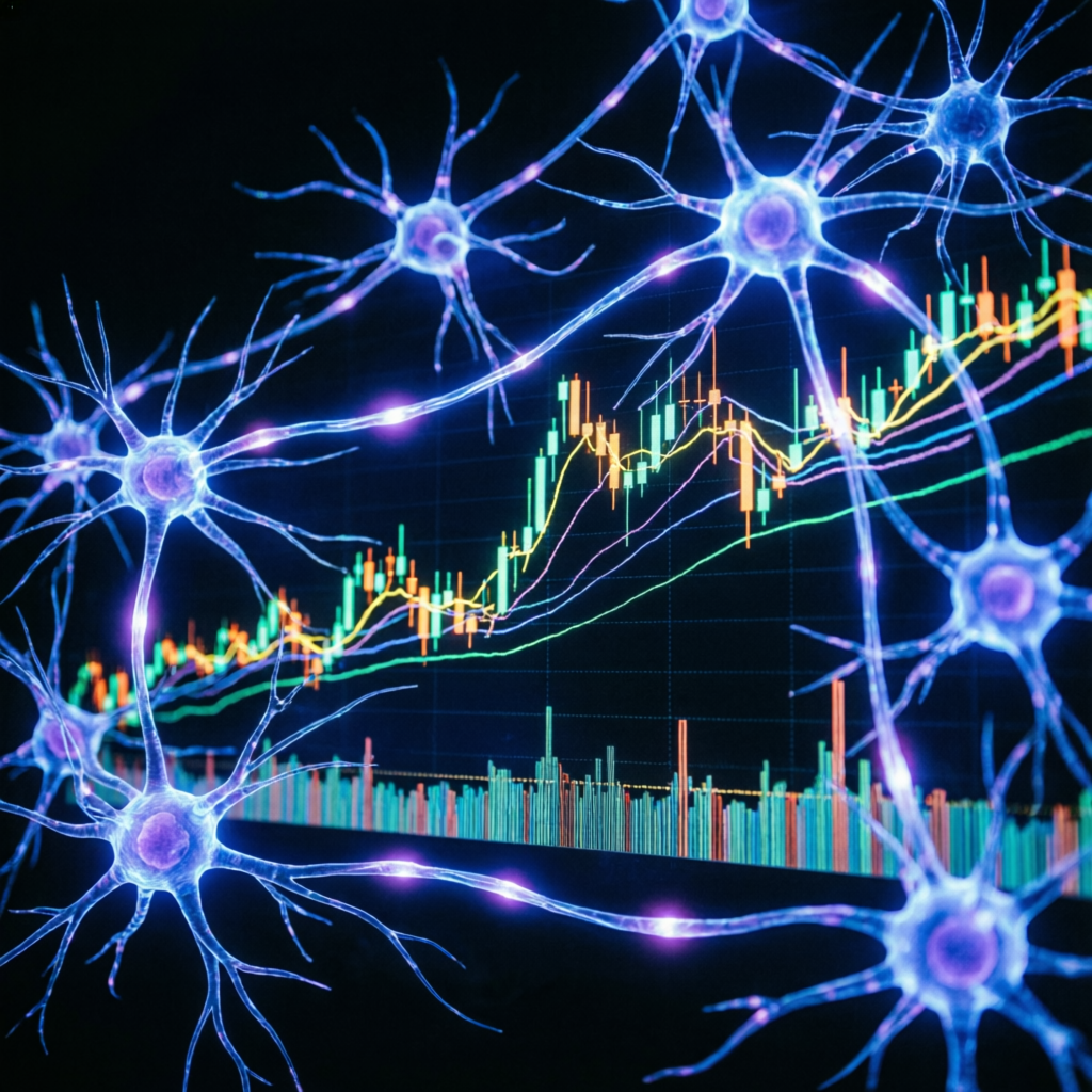 AI neural network visualization overlaid on financial trading charts showing algorithmic trading concept