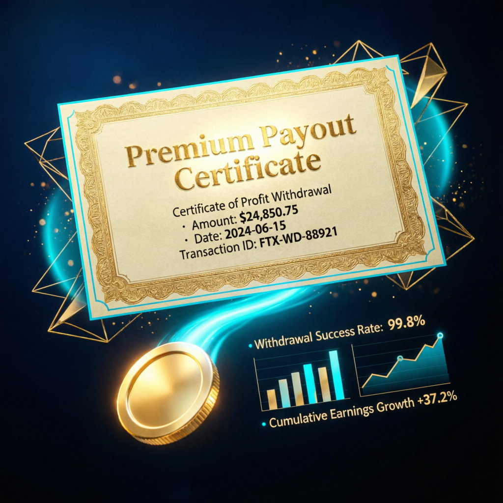 Premium payout certificate showing profit withdrawal success and earnings growth