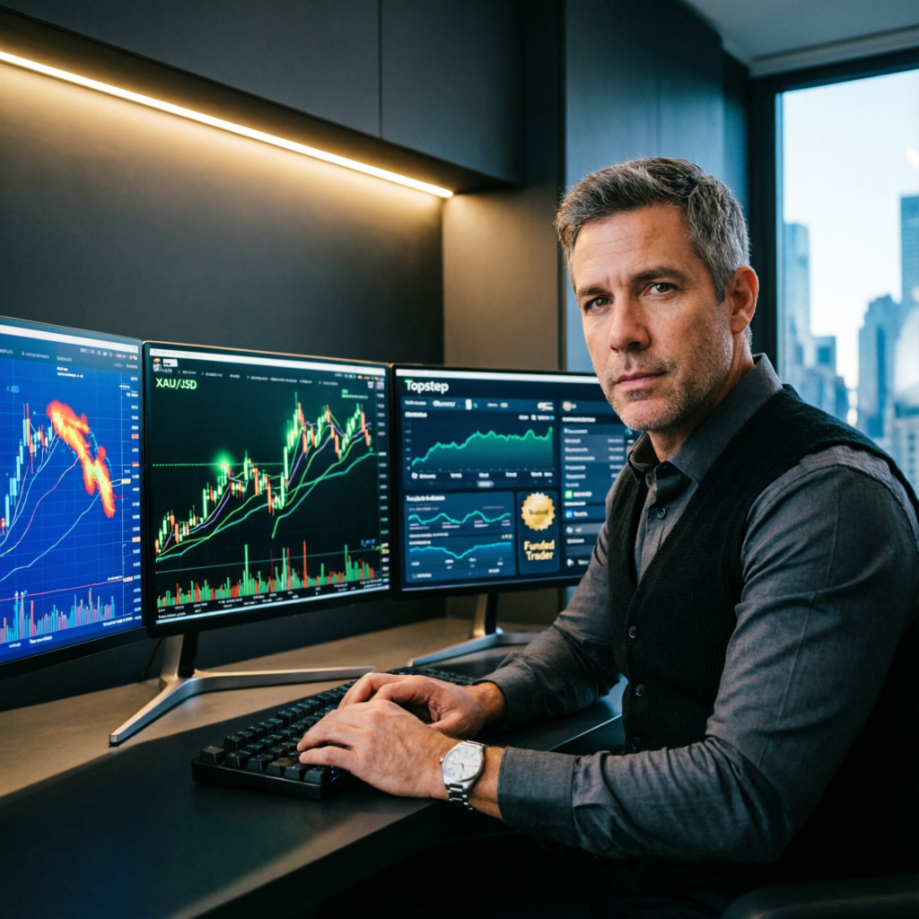 Professional forex trader using Topstep trading platform with multi-monitor setup