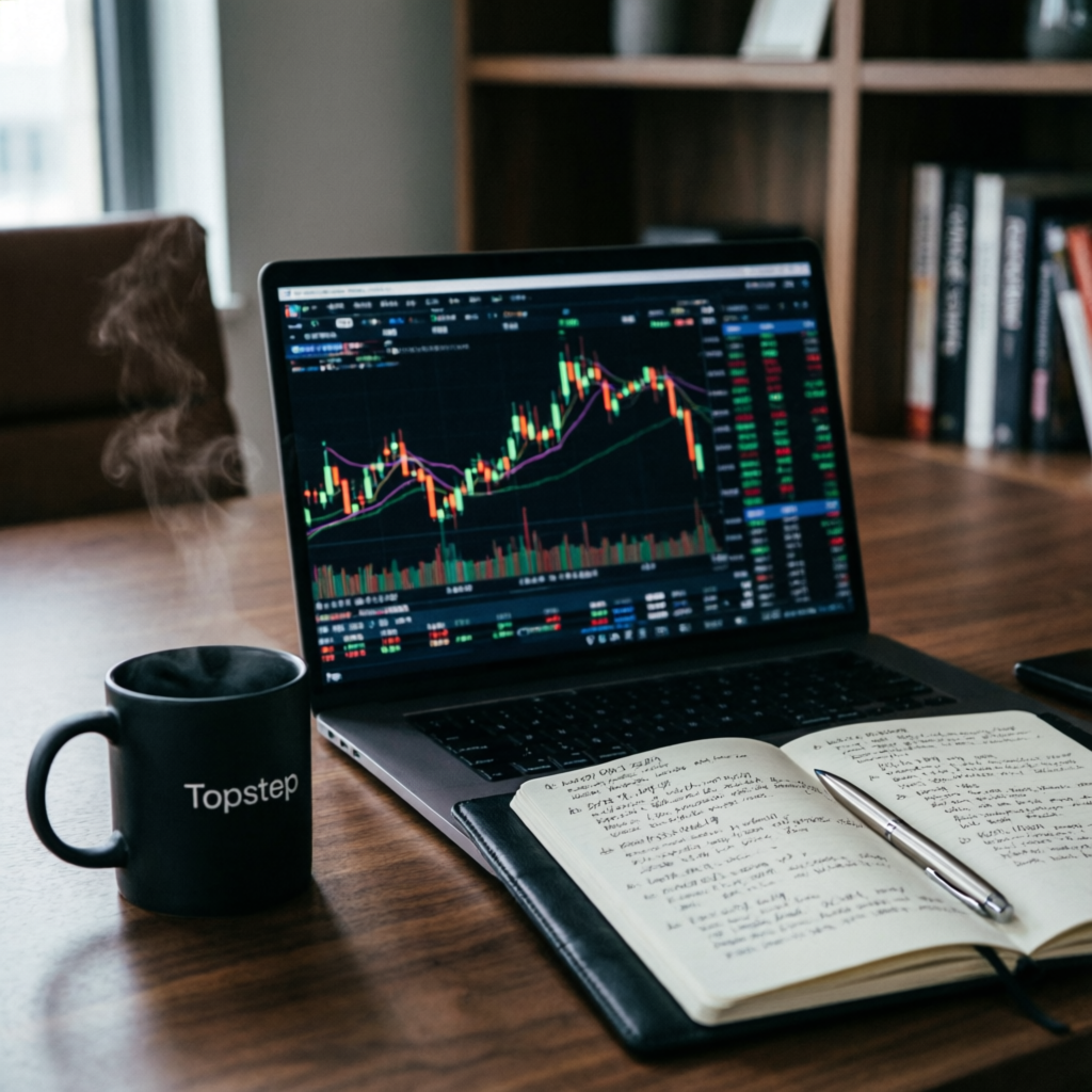 Topstep trading workspace with laptop and strategy notebook