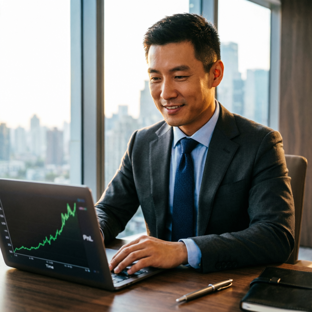 Trader celebrating funded account success with profit chart on laptop