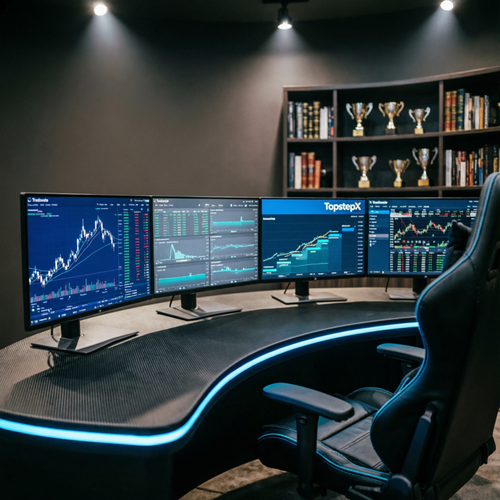 Professional trading desk with TopstepX, Tradovate, and Quantower platforms on multiple monitors