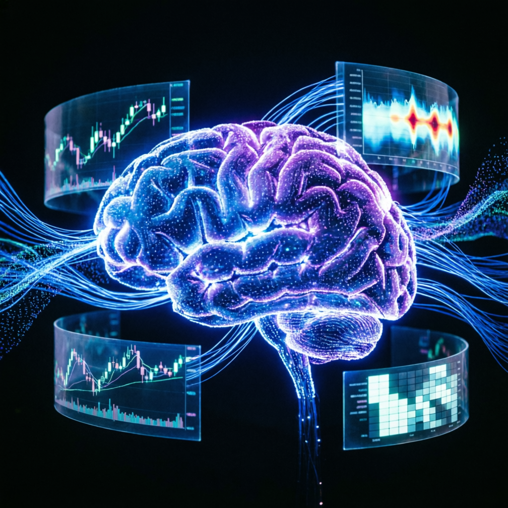 AI neural network analyzing Apex Trader Funding market data with futuristic visualization