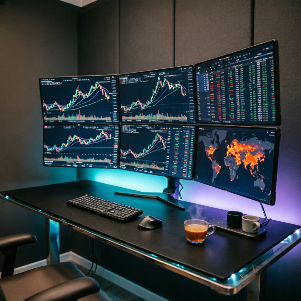 Professional multi-monitor trading setup with NinjaTrader and Apex Trader Funding platforms