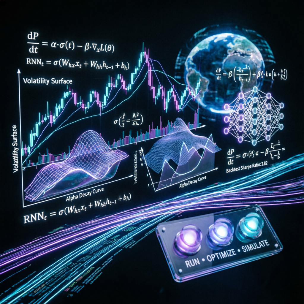 AI trading algorithm with mathematical formulas and volatility surface for Apex strategy