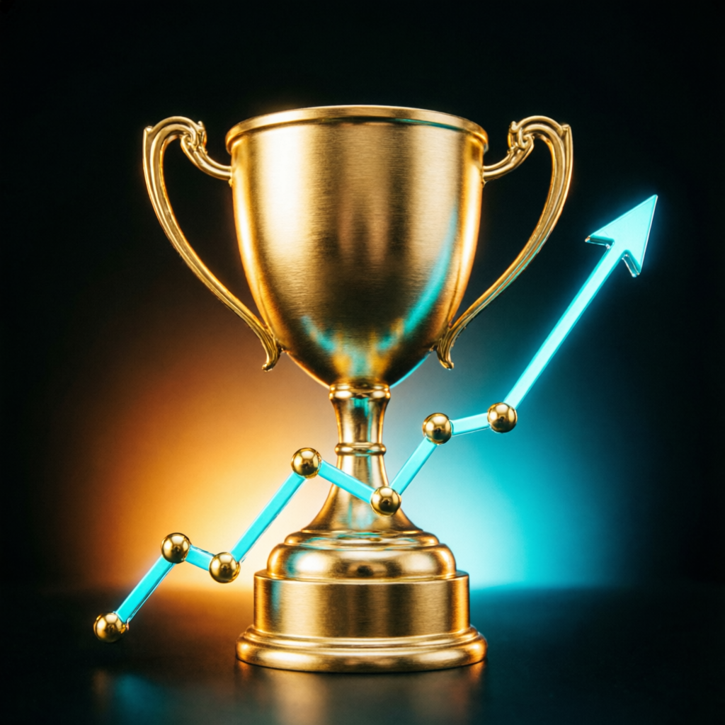 Golden trophy with rising profit chart representing Apex Trader Funding funded account success