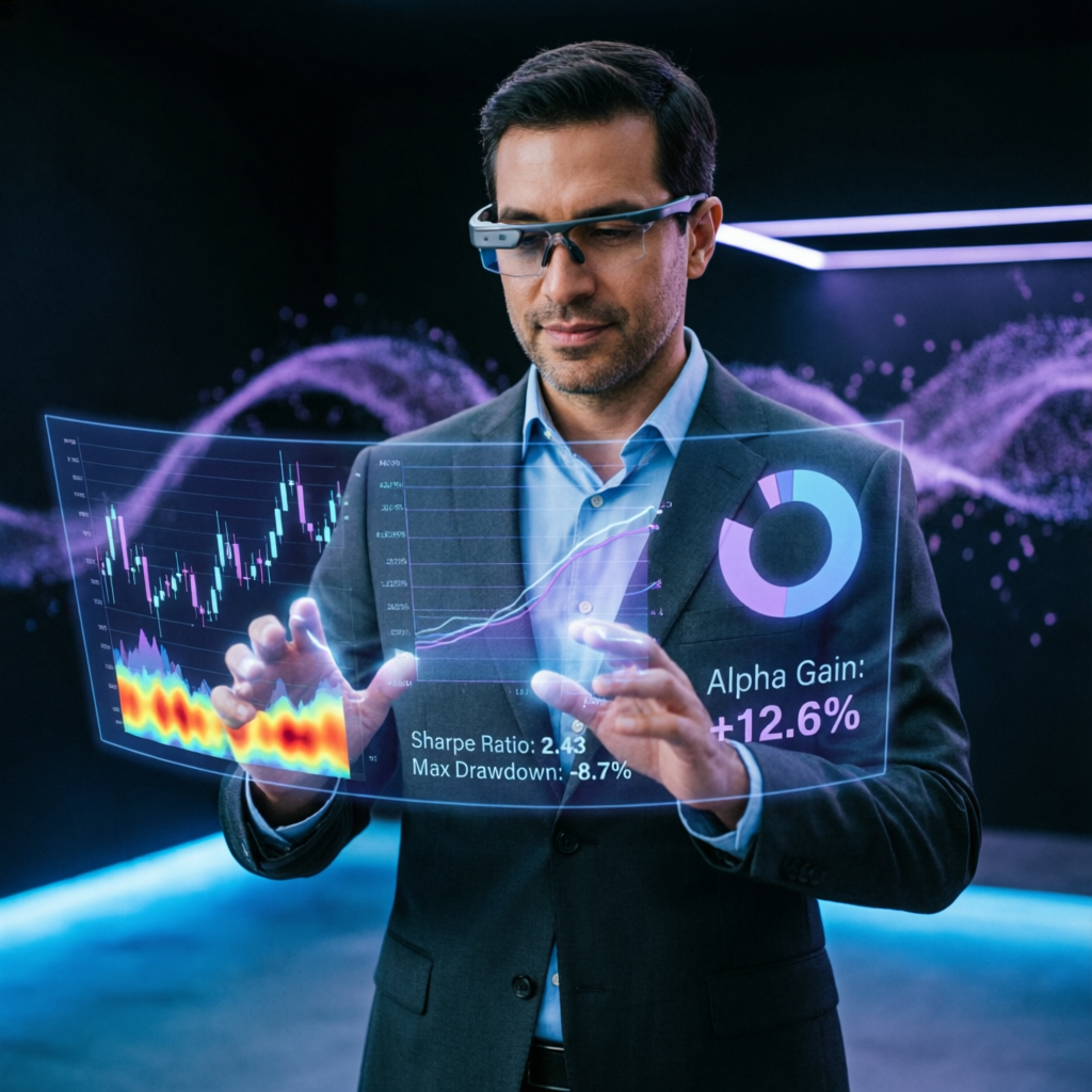 Professional trader reviewing Apex Trader Funding performance analytics with AR technology