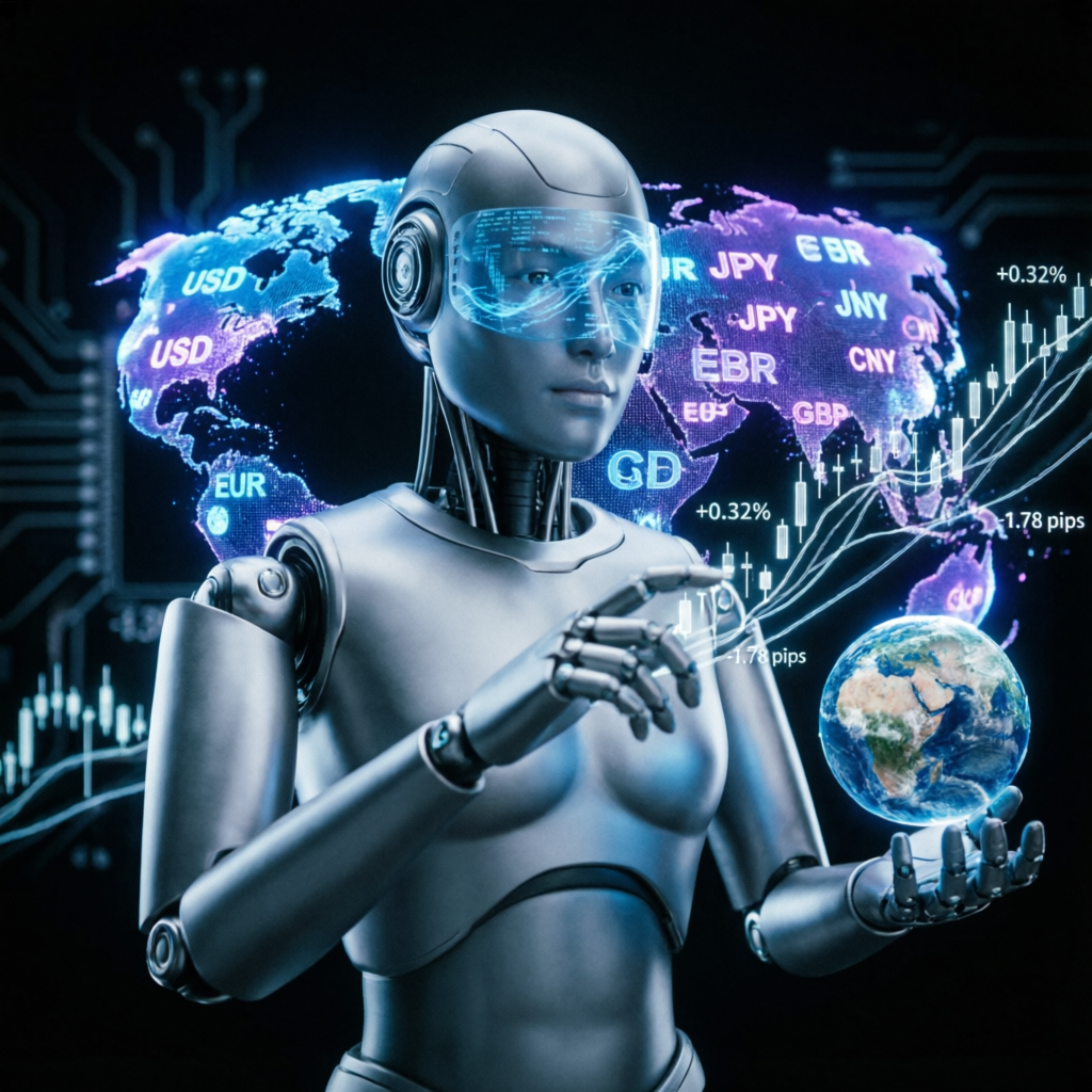 AI robot trader analyzing global forex markets for Apex Trader Funding evaluation