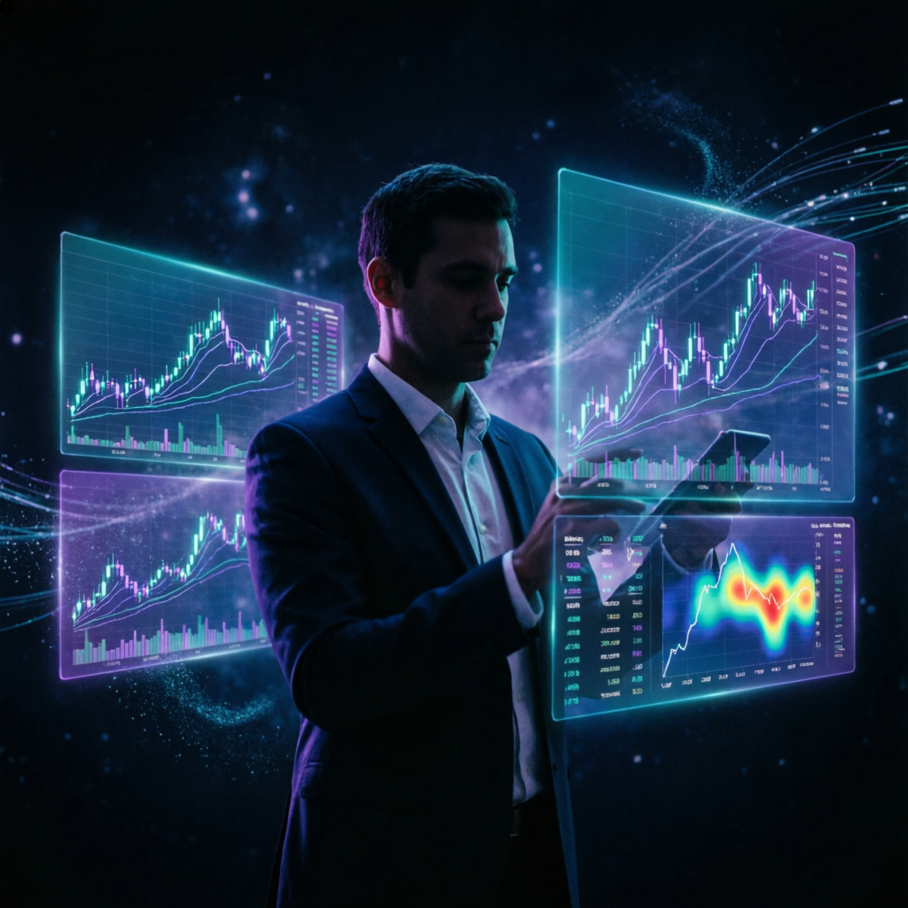 Professional trader using AI-powered Apex Trader Funding platform with holographic charts