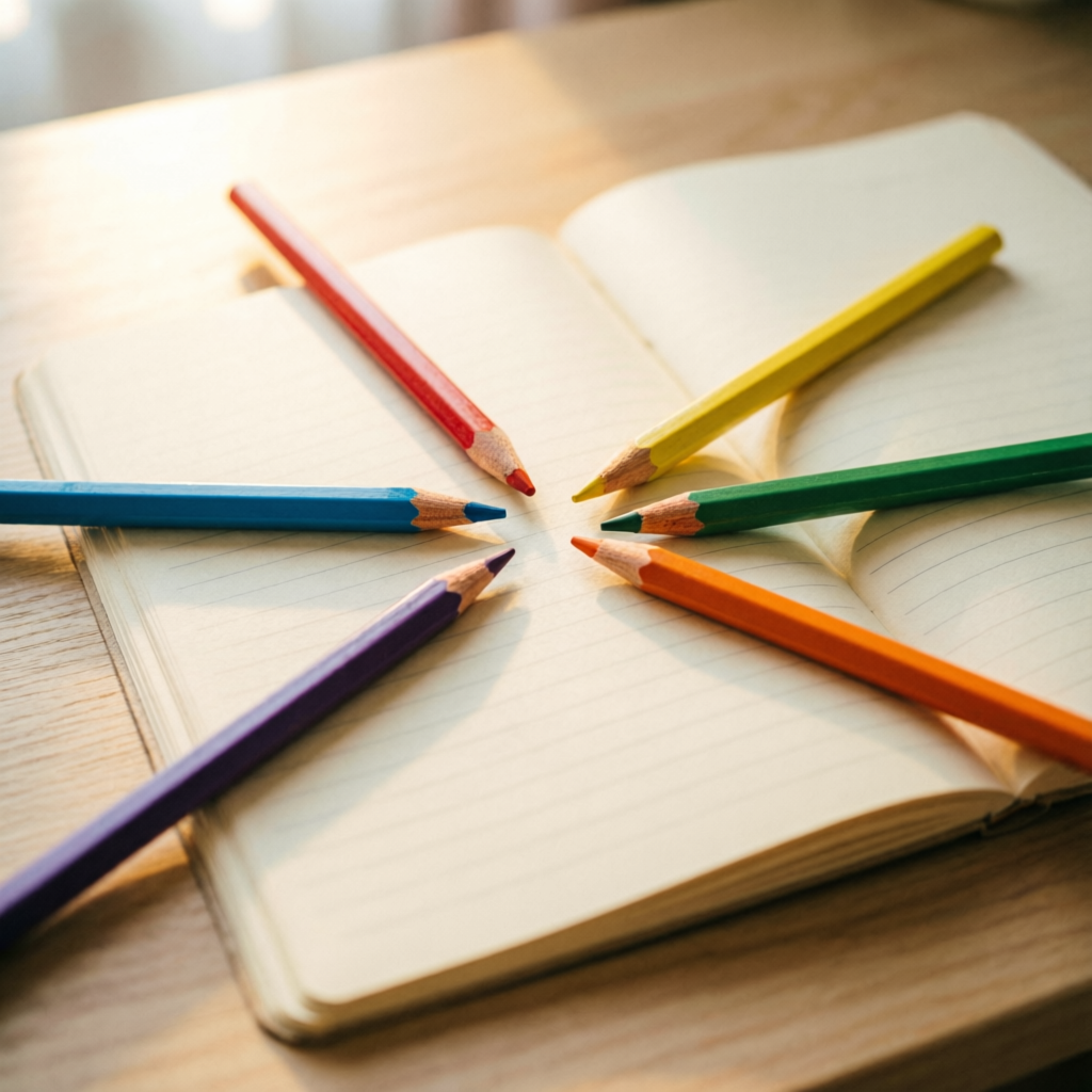 Cuaderno abierto con lápices de colores