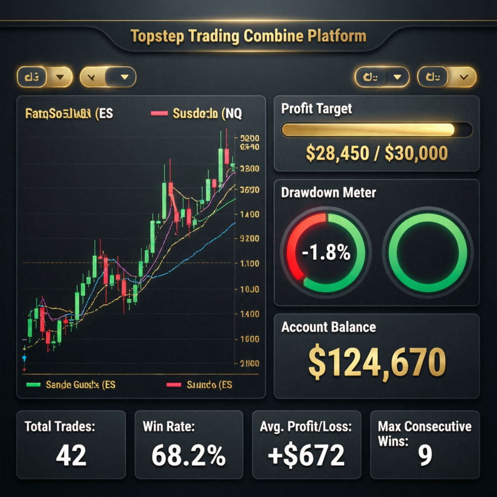 Topstep Trading Combine Platform Dashboard with Profit Target and Account Balance