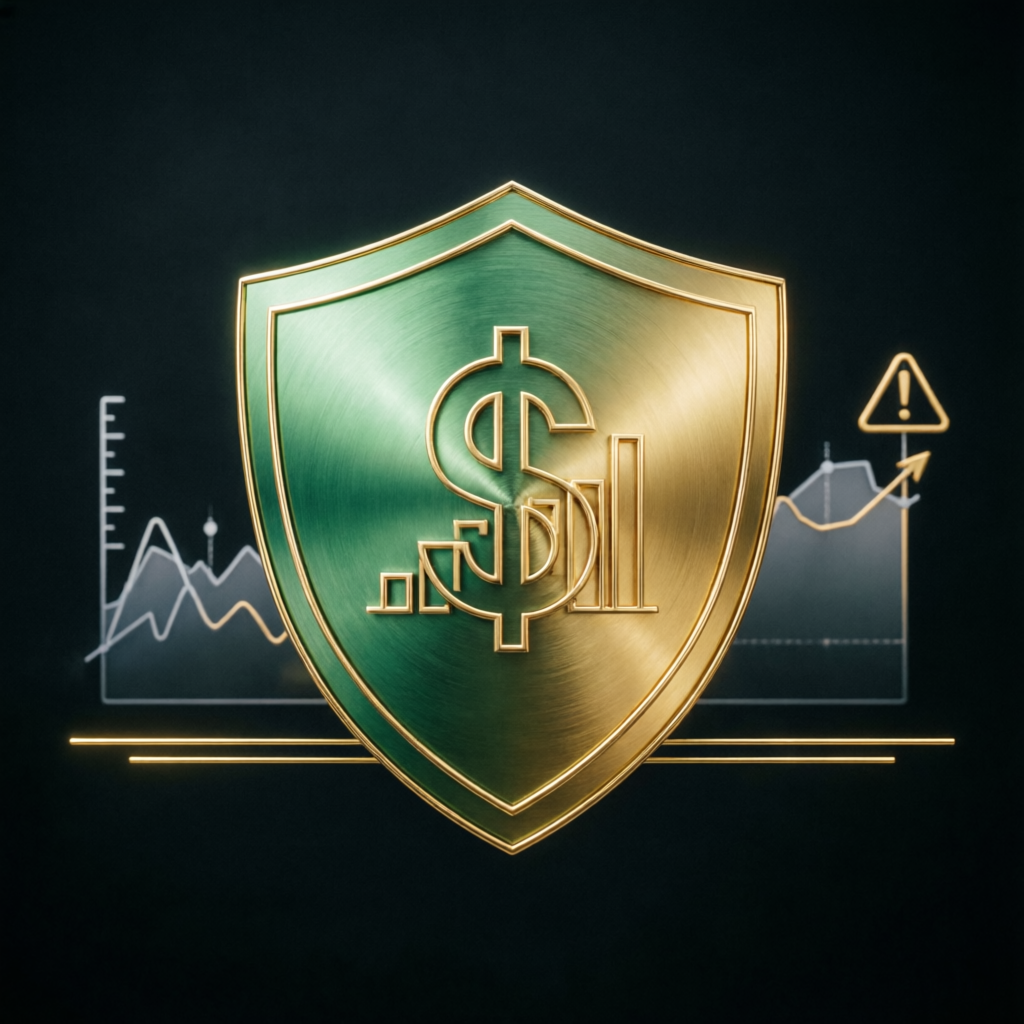 Risk management shield protecting trading capital - gold and green financial graphic