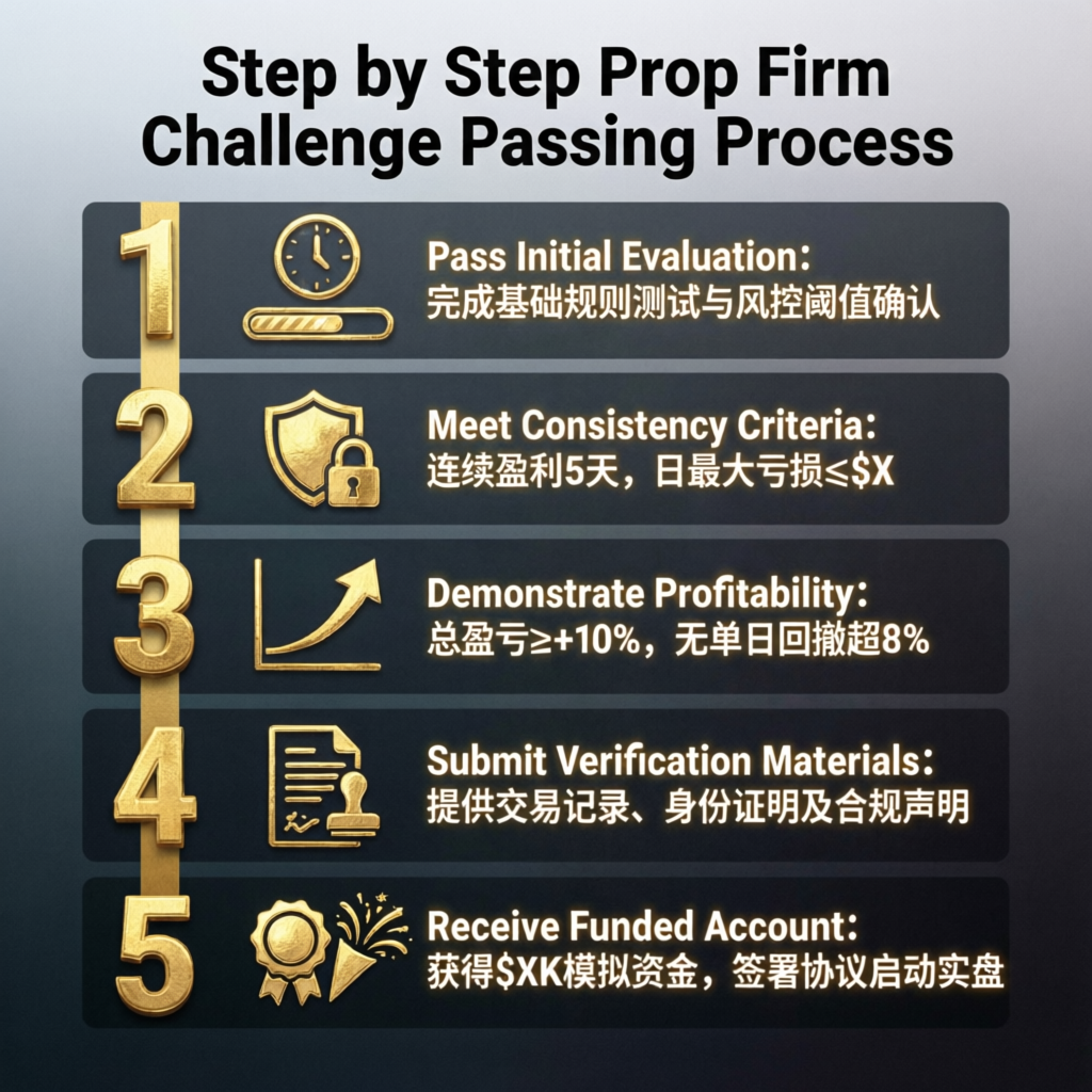 Step by step prop firm challenge passing process infographic with numbered steps