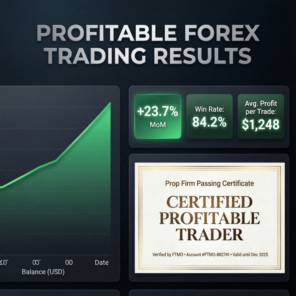Profitable forex trading results dashboard showing account growth chart and prop firm passing certificate