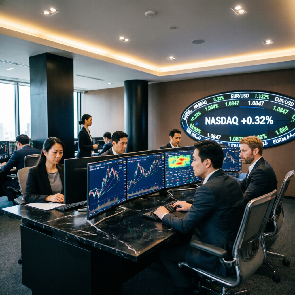 Professional prop firm trading team in modern office with multiple trading monitors